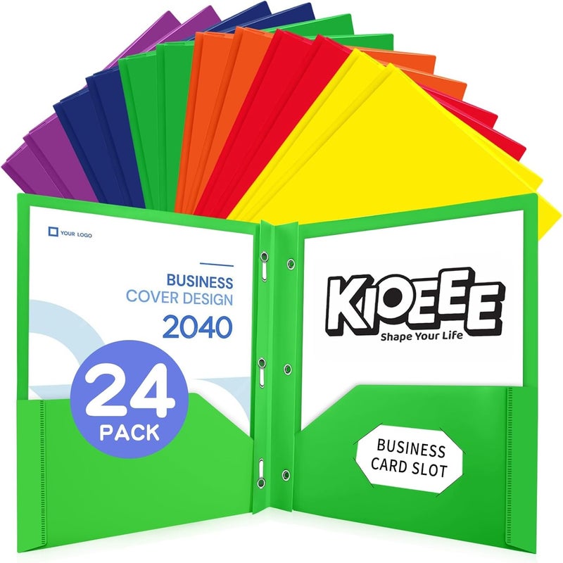 KIOEEE Heavy Duty Plastic Folders with 2 Pockets and 3 Prongs (24 Pack),Fit Letter Size Paper, Business Card Slot, Assorted Colors for School,Office and Home - Image 1